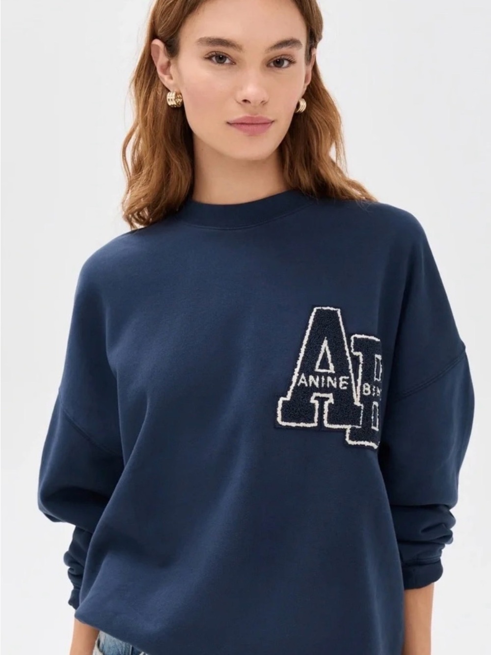 ANINE BING Miles Oversized Letterman Sweatshirt Washed Navy AB Chenille Size S